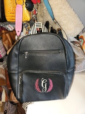 thirty-one Black Faux Leather Backpack with Burgandy Embroidered Accent